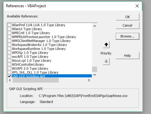 SAP GUI Scripting API checked in VBA references