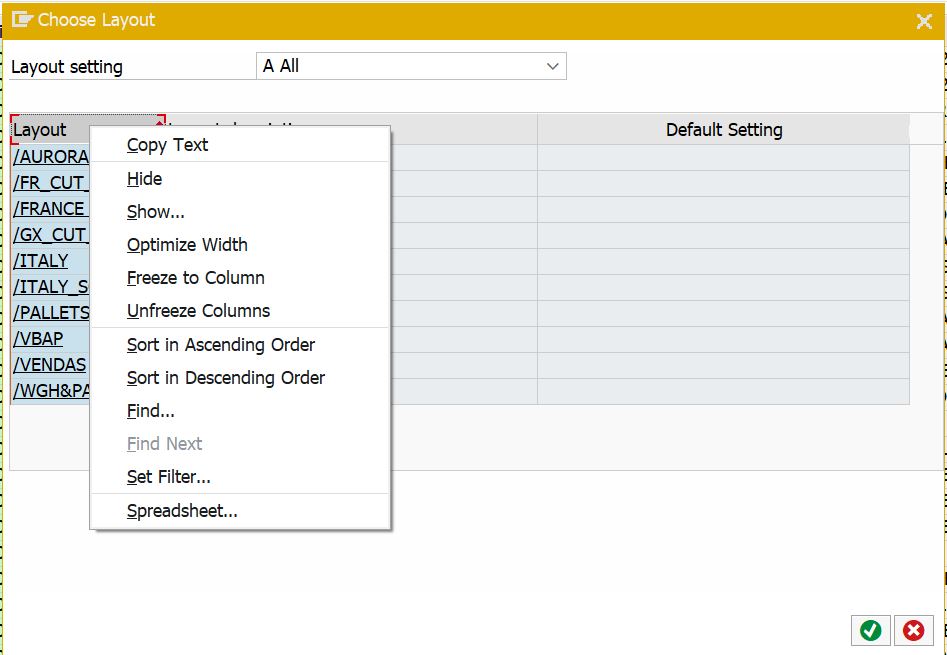 Right-click in the SAP layout list